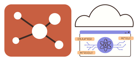 Abstract network structure connecting nodes next to a cloud interface with nuclear atom graphic and data strings. Ideal for technology, cloud computing, data science, innovation, AI, STEM, simple