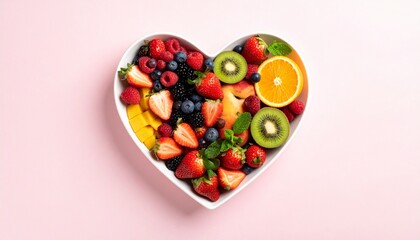 Healthy food flat lay with heart-shaped bowl of fruits, diet and wellness