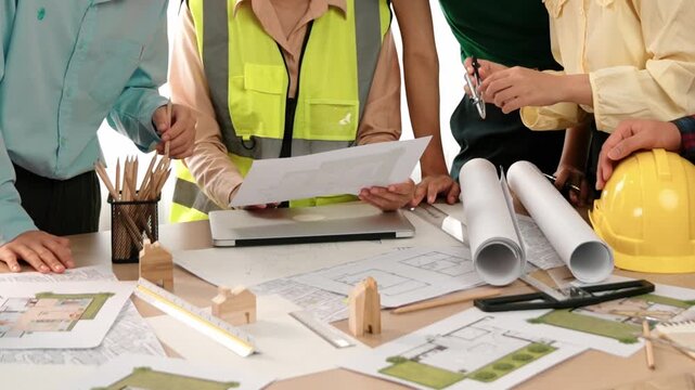 Smart architect and safety engineer discussion about building blueprint on table with architectural document, measurement tools and wooden block scatter around at modern office. Closeup. Delineation.