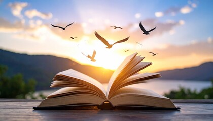 Illustration of open book with flying pages, imagination and knowledge 