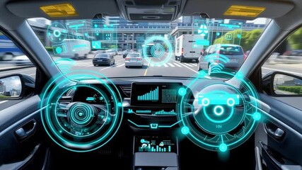 Autonomous car interior featuring digital dashboard and advanced heads up display with navigation and sensor data on highway and urban roads - Powered by Adobe