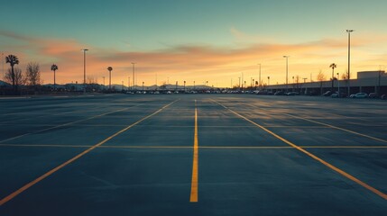 Empty parking lot at sunset, city buildings in background