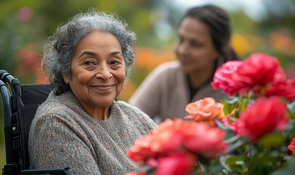 Inclusive image of a happy elderly senior mixed-race African American woman in a wheelchair, enjoying fresh air and flowers in a nursing home garden with a care assistant nurse, Generative AI