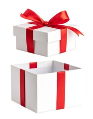 Fototapeta premium A pristine white gift box, open to reveal its empty interior, adorned with a vibrant red ribbon and bow