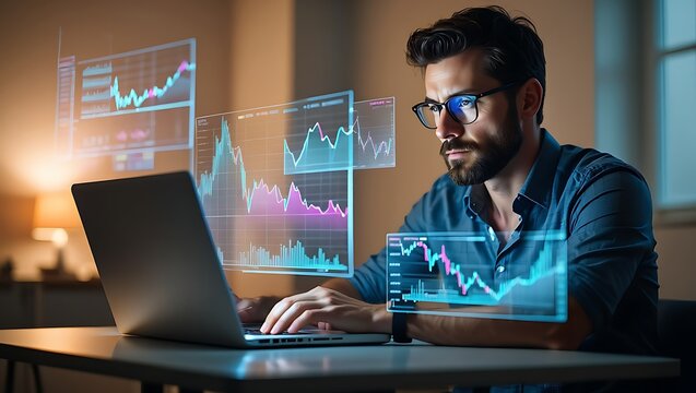 Male Financial Analyst Working on a Laptop with Multiple Holographic Charts, Illustrating Advanced Data Analytics, Stock Market Trading, and Business Investment Strategies - Powered by Adobe