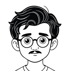Young male cartoon character in casual attire, displaying a neutral expression with exaggerated eyes and glasses. Portrait of a student in a relaxed pose against a plain background.