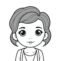 Young girl with short gray hair in casual attire, smiling and looking directly at the viewer. Cute cartoon character illustration in a blank white background.