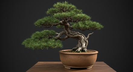 Exquisite Bonsai Tree: Detailed Trunk, Lush Greenery, and Rustic Pot on Wooden Surface