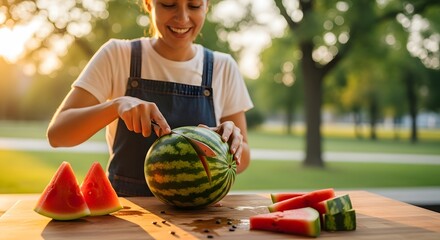 Fototapeta premium Woman cutting watermelon on wooden table with green park background and sunset light