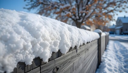 snow-covered wooden fence, blurry background of leafless trees, overcast winter sky, scenic rural winter landscape, serene snowy environment, cozy winter day, peaceful winter scene.