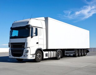 A pristine white semi-truck and trailer parked on light gray pavement under a vibrant blue sky