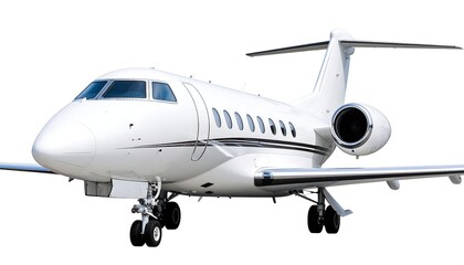 Obraz premium A pristine white private jet, angled slightly to the left, is presented against a stark white background