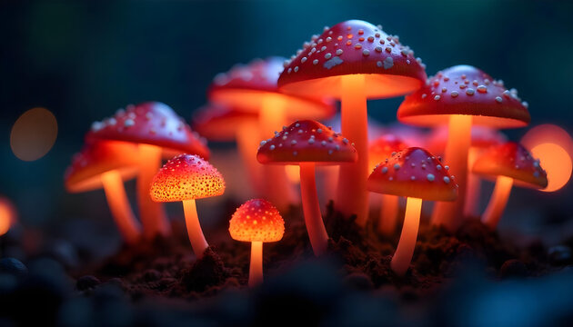 Enchanted red mushrooms with glowing caps in forest