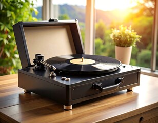 Vintage record player on wooden table evokes nostalgic musical experience and warmth