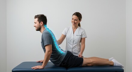 A man practices back extension with a therapist for spinal health and recovery.