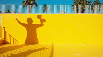 shadow of a man playing with ball on a yellow wall palm trees and sky behind the wall also in the image ai generated
