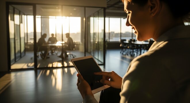 Woman using tablet smiling backlit in an office setting with colleagues blurred in the background during a business meeting in natural lighting.