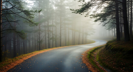 A winding asphalt road curves through a dense, foggy pine forest during a tranquil autumn morning.