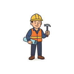 Friendly cartoon construction worker character with a hard hat, holding a hammer and blueprints for a building project