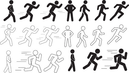 Naklejka premium Collection of stick figure people in various running and walking poses