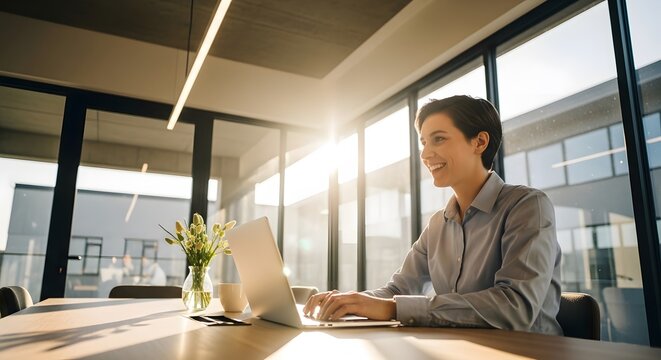 Young professional working on a laptop in a modern office setting with natural light and a blurred background. Smiling and enjoying work.