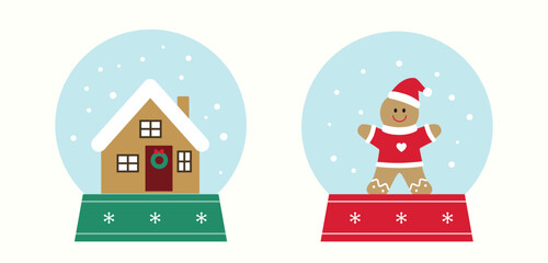 Obraz premium Set of cute Christmas themed snow globe clipart. Includes gingerbread man and gingerbread house. Flat vector stock illustration. Good for greeting card, poster, banner, leaflet.