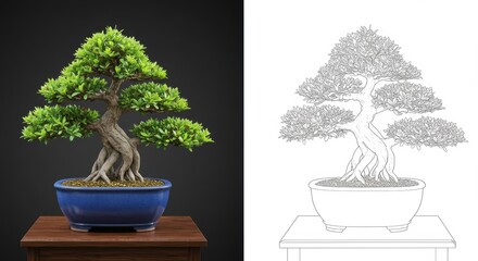 Artistic Bonsai Tree Study: Vibrant Color Photo and Detailed Line Drawing
