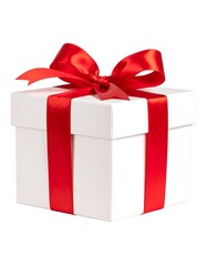 Obraz premium A pristine white square gift box adorned with a vibrant red ribbon