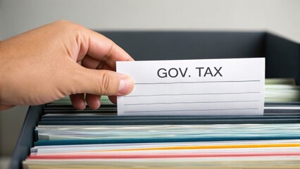 government taxation A hand places a labeled card marked "GOV. TAX" into a filing system filled with documents.