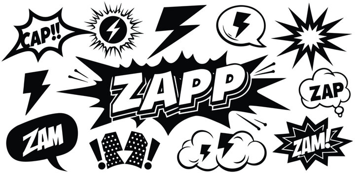 Collection of comic book style sound effects and action words in black and white