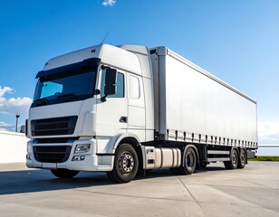 A pristine white semi-truck with a curtain sided trailer sits on a light grey paved surface under a bright blue sky