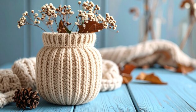 "Cozy decor featuring cream-colored knitted vase cover on blue wooden surface with delicate white dried flowers, blending handcrafted charm and natural aesthetics in a warm, peaceful setting"