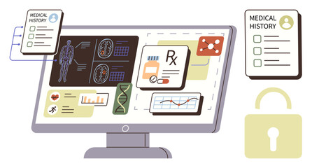 Computer screen displaying medical reports, genomic data, prescriptions, and health charts. Lock icon emphasizes data security. Ideal for health records, telemedicine, data privacy, research