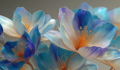 3D render of delicate blue and white crocus flowers with gold and purple reflections, showcasing intricate petals and natural botanical beauty in a soft light setting