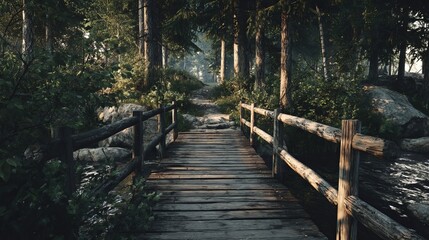 Obraz premium Rustic wooden footbridge over calm river in peaceful nature landscape