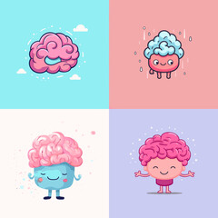 Adorable cartoon brain characters with expressive emotions and pastel backgrounds. Perfect for mental health, education, neuroscience, and children&rsquo;s content.

