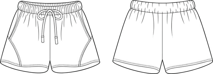 Vector fashion flat sketch of men's shorts, front and back view, drawstring waist design, casual sportswear template, clothing technical drawing for apparel mockup © Shammi's World
