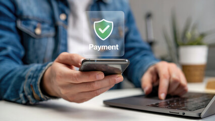Secure digital payment process via smartphone and laptop, ensuring financial safety and convenience