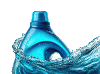 A vibrant blue plastic detergent bottle immersed in a swirling water splash