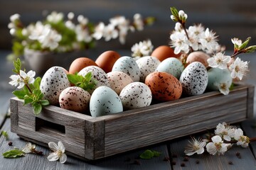 Easter eggs in a wooden crate