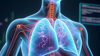 3D render of a semi-transparent human torso with glowing internal organs, floating in a futuristic medical interface with holographic data charts.

 - Powered by Adobe