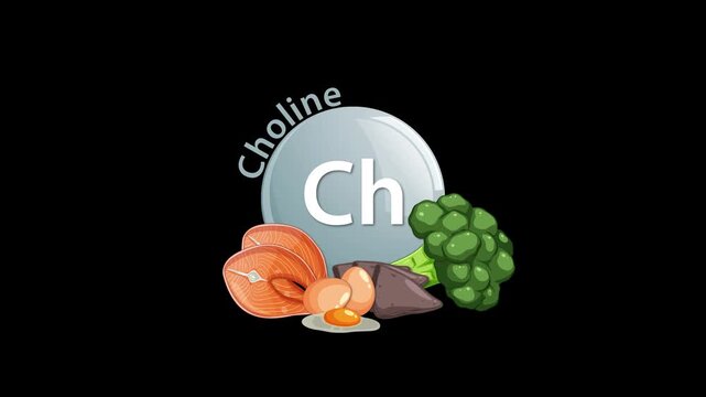 Choline Nutrient Animation With Food Sources on Black Background