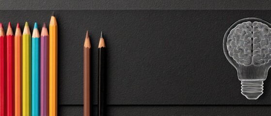 Colorful pencils arranged on a dark surface with a lightbulb-shaped brain drawing