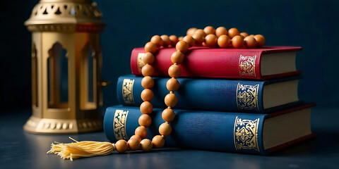 Naklejka premium A stack of books, topped with a strand of prayer beads, sits next to a decorative lantern, the books are bound in red and blue with gold accents
