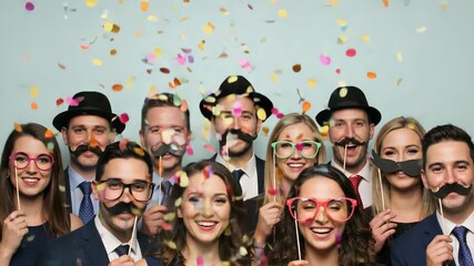 A diverse group of happy people wearing fun photo booth props like mustaches, glasses, and hats, celebrating with confetti falling around them - Powered by Adobe