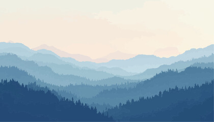 Obraz premium Serene Blue Mountain Landscape with Layers of Forested Hills and Soft Sky