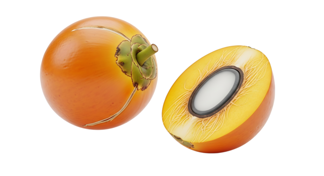Closeup of a whole and halved orange palm fruit revealing its white seed.