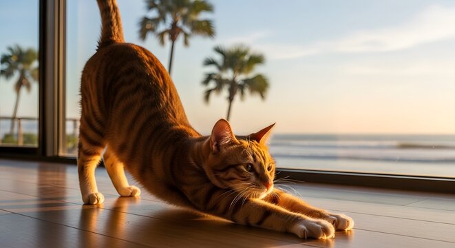 A cat stretching indoors with ocean and palm trees view golden hour sunlight creating a warm and peaceful ambiance