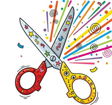 A vibrant cartoon illustration of scissors with decorated handles cutting through colorful lines and confetti. PNG with transparent background