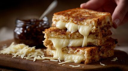 Close-up of a rustic stack of golden grilled cheese sandwiches on a wooden board with melted cheese stretching, hand reaching in, natural daylight, and jar of chunky chutney for cozy homestyle food